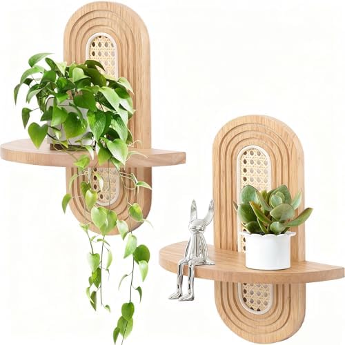Floating Shelves for Wall, Boho Home Wall Decor,Rattan Plant Shelf Set of 2, Mid Century Small Decorative Shelf, Natural Wood Shelves for Living Room,Bedroom,House,Office (Natural) by Hongsane