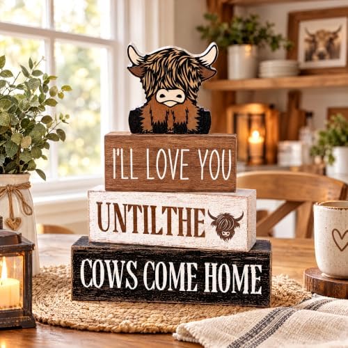 Marsui 4 Pcs Highland Cow Table Decor Rustic Cow Wooden Signs Gifts - Image 2