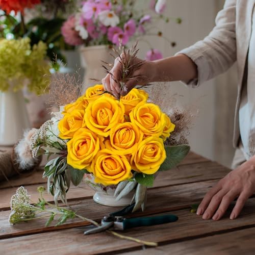 12 Pcs Artificial Rose Flowers, Silk Roses with Long Stems, Realistic Fake Roses for Wedding Centerpiece Party Home and Office DIY Decor, Yellow - Image 7