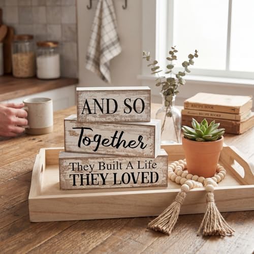 Yuntau 4 Pcs Farmhouse Table Centerpiece Wood Block Signs Tiered Tray Decor - Image 3