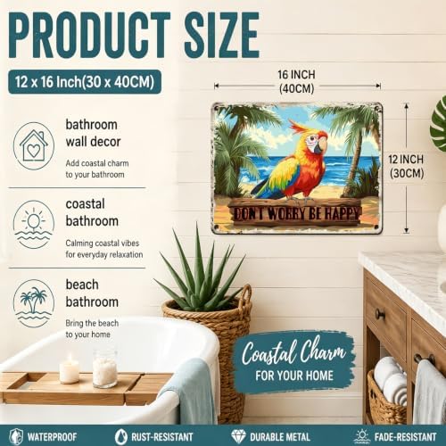 Creative Vintage Tin Metal Sign Don'T Worry Be Happy The Beach Parrot Iron Sign For Friend Porch Backyard Bar Outdoor Patio 12x16 Inch - Image 2