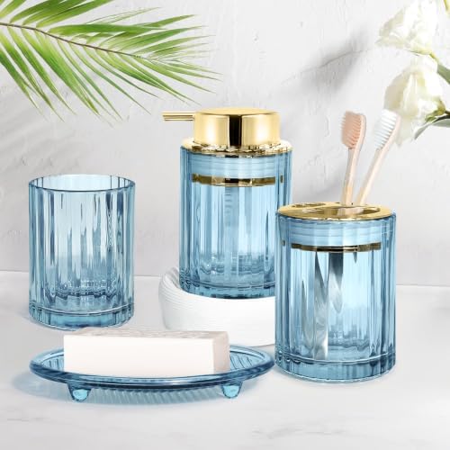 CERBIOR Bathroom Accessories Set, 4 PCS Glass Bathroom Set,Golden Blue - Image 7