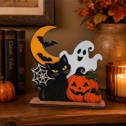 Halloween Wooden Tabletop Decoration, Cute Ghost Pumpkin Black Cat Decor, Spooky Fall Shelf Sign for Home Mantel Desk Office and Halloween Party - Image 6