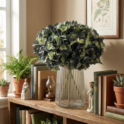 6Pcs 13" Blue Green Silk Hydrangea Artificial Flowers - Image 5