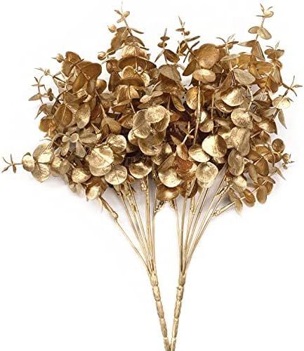Artificial Gold Plants Decorations, Fake Plastic Golden Eucalyptus Shrubs Faux Simulation Foliage for Christmas Wedding Party Indoor Hotel Hall Home Table Centerpieces DIY Decor Planting Filler 2 Pack by CATTREE