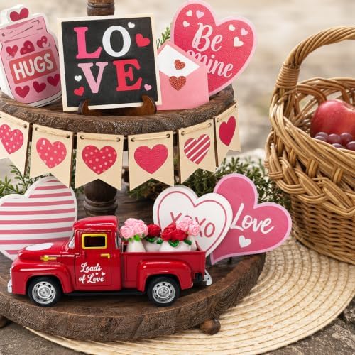 Valentine's Day Red Truck Decor with 4 Mini Rose Flower Pots, 4.9 Inch Vintage Metal Pickup Truck, Romantic Farmhouse Tabletop Centerpiece for Home Office Shelf Mantel, Valentine's Gift for Her - Image 2