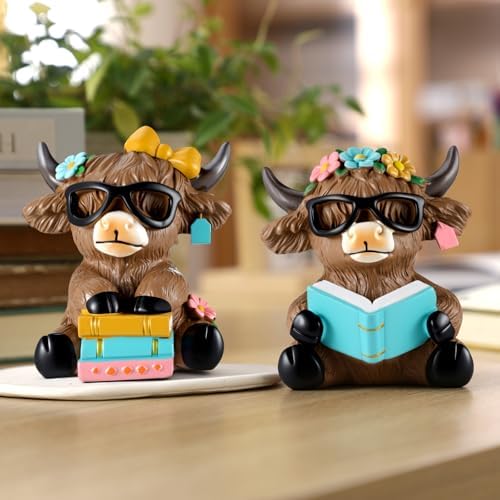 Wesiti 2 Highland Cow Figurines with Glasses Books, Resin Reading Desk - Image 6