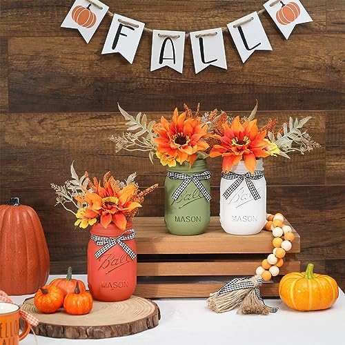 Fall Mason Jar Centerpiece for Table with Artificial Flowers - Image 2