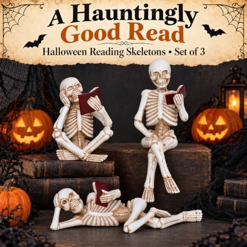 3 Piece Halloween Indoor Decor Figurines Sitting Skeleton Statue Halloween Decorations mini Reading Skull Figurine Home Decor for Living Room Table Shelf Ornament - Image 2