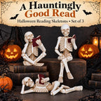 3 Piece Halloween Indoor Decor Figurines Sitting Skeleton Statue Halloween Decorations mini Reading Skull Figurine Home Decor for Living Room Table Shelf Ornament - Image 2