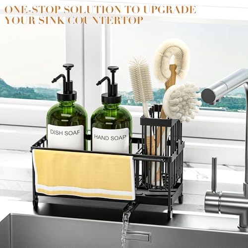 Kitchen Soap Dispenser Set with Sponge Holder and Towel Rack, 17OZ Glass Bottle, Hand and Dish Soap Dispenser Set, Non-Slip Silicone Pad, Brush Holder, Kitchen Sink Caddy Organizer Countertop (Green) - Image 5
