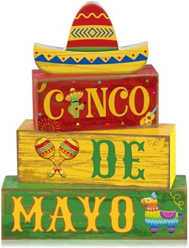 Yuntau 4 Pcs Cinco De Mayo Wood Blocks Tiered Tray Tabletop Centerpiece by Yuntau