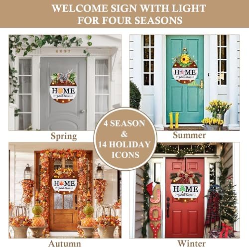 HOMCDALY Interchangeable Welcome Sign for Front Door with 4 Seasonal Wreaths, Door Wreaths for Front Door with 12 LED Lights, Farmhouse Rustic Welcome Door Hanger Wall Sign, Porch Decorations(White) - Image 3
