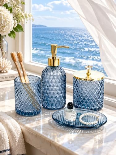 Haturi Glass Bathroom Accessories Set, Navy Blue Bathroom Set, 4 Pcs - Image 4