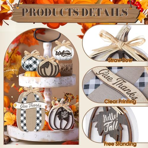 5 Pcs Hello Fall Pumpkin Home Decor Plaid Pumpkin Wooden Table Centerpiece - Image 4