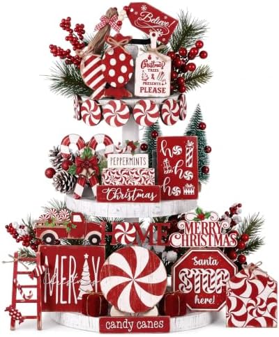 Mifoci 18 Pieces Christmas Candy Cane Tiered Tray Decor Wooden Signs by Mifoci