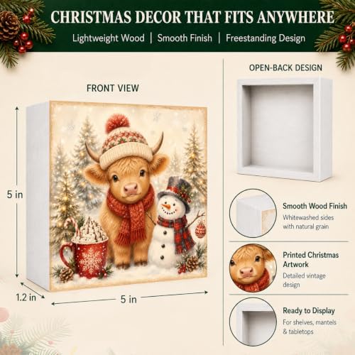 Christmas Highland Cow Decorations Snowman Pine Tree Wooden Box Sign - Image 4