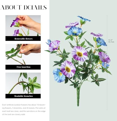 Blue Purple Artificial Morning Glory Flowers for Outdoor Planters, Premium UV Resistant Silk Faux Flowers for Porch, Hanging Basket & Window Box, Cottage Garden Decor, No Pot, 13.3 Inch, 4 Bundles - Image 2