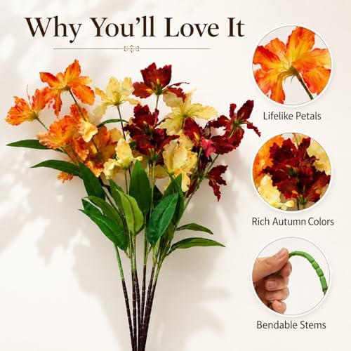 12 Pcs Artificial Iris Flowers, 31.5 Inch Real Touch Silk Iris Stems Fake Flowers for Home Table Centerpiece Wedding Bridal Bouquet Garden Party Decoration, Champagne Gold Orange Red - Image 7