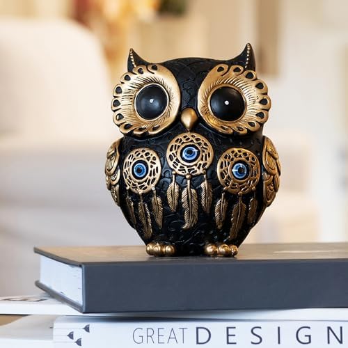 Vintage Black Owl Statue Home Decor - Evil Eye Accent for Bookshelf, Bedroom, Living Room, Office & Table. Cute Small Animal Sculpture Gift for Owl & Birds Lovers by Thecreationofstatues