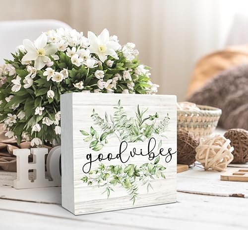 SRADMO Inspirational Botanical Eucalyptus Leaves Wood Box Sign Desk Decor, Green Rustic Eucalyptus Leaves Wooden Block Box Sign Decor for Home Office Shelf Table Decorative Accessories - Image 3