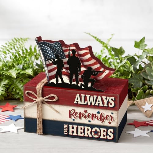 Geelin 4 Pcs Veterans Day Patriotic Table Decoration Wooden Book Stack Sign - Image 6
