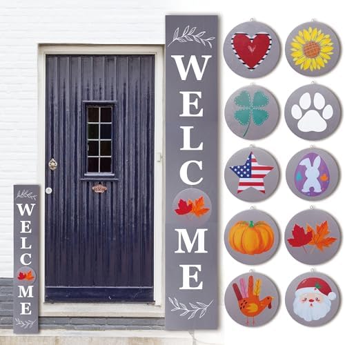 Perfnique Interchangeable Welcome sign for front porch standing, 47 x 7.9 Inch Black Wooden Leaner Sign with 10 Interchangeable Designed Icons, Morden Farmhouse Rustic Seasonal Decor for Spring Easter by PERFNIQUE