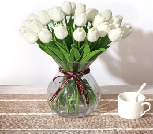 White Artificial Tulips, 20 Pcs PU Real Touch Faux Flowers - Image 4