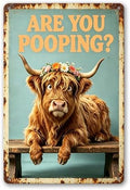 Funny Highland Cow Floral Crown Art with ARE YOU POOPING? Quote,Solid Durable Aluminum Sign,Vintage Farmhouse Decor for Bathroom Restroom Wall, Multipurpose Novelty Home Gift Plaque 8 x 12 Inch by Vintmark
