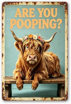 Funny Highland Cow Floral Crown Art with ARE YOU POOPING? Quote,Solid Durable Aluminum Sign,Vintage Farmhouse Decor for Bathroom Restroom Wall, Multipurpose Novelty Home Gift Plaque 8 x 12 Inch by Vintmark