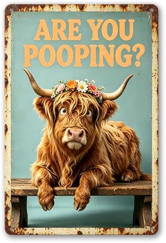 Funny Highland Cow Floral Crown Art with ARE YOU POOPING? Quote,Solid Durable Aluminum Sign,Vintage Farmhouse Decor for Bathroom Restroom Wall, Multipurpose Novelty Home Gift Plaque 8 x 12 Inch by Vintmark