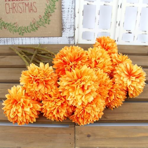 Tinsow 12PCS Artificial Ball Chrysanthemum Faux Flowers Bouquet Orange - Image 6