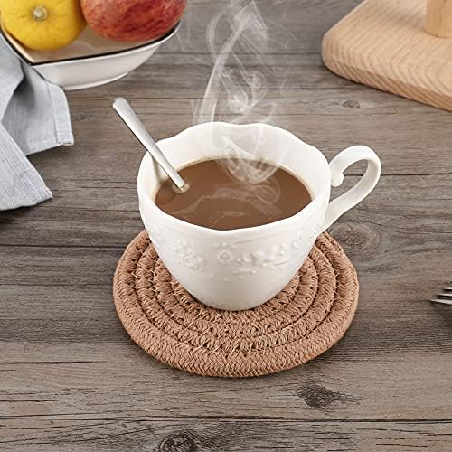 ABenkle 8 Pcs Drink Coasters with Holder, Cotton Woven Absorbent Coasters for Drinks, Minimalist Home Decor Coaster Set for Wooden Tabletop Protection Table, 4.3 inches Brown - Image 6