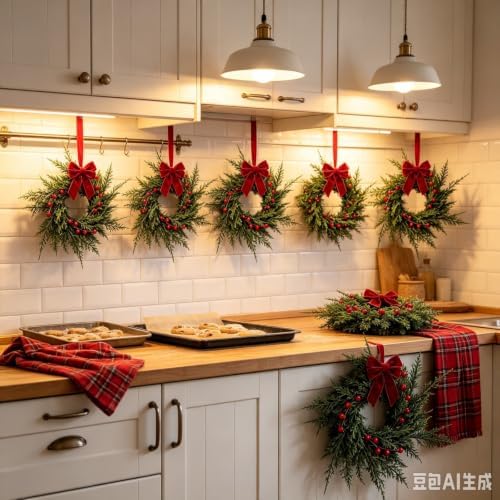 6 Pcs Small 4th of July Hanging Wreaths for Cabinets Patriotic Mini Candle Ring Wreath with Red White Blue Flowers (6, Burgundy Bow Cedar Red Berries) - Image 2