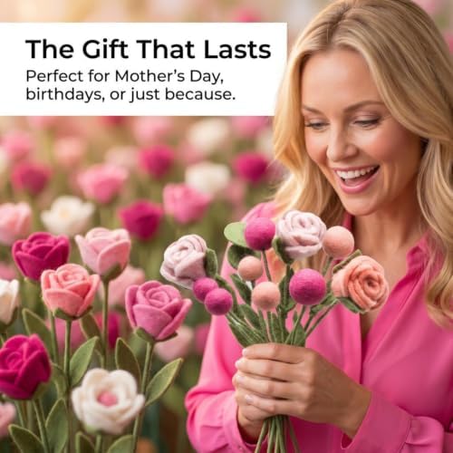 Glaciart One Felt Flowers Artificial Bouquet - 12 pcs|Reusable, Washable and Essential Oil Ready Multi Color Artificial Flowers w/Bendable Wire Stem |Great as Gift and Home or Event Decorations - Image 5
