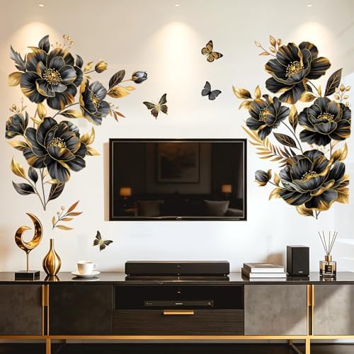 decalmile Black Gold Flower Peony Floral Leaves Sofa Wall Decals Stickers by decalmile