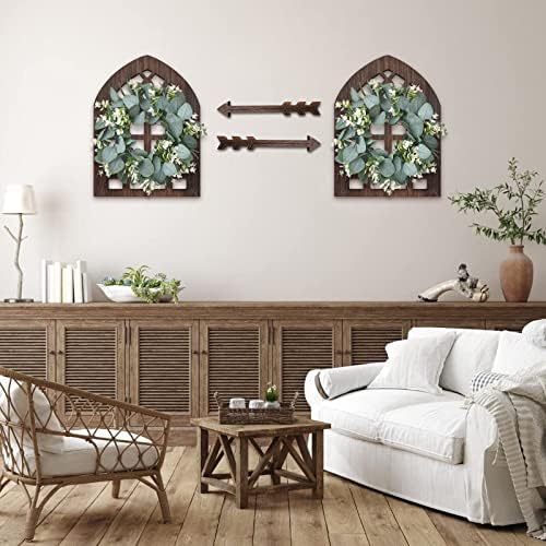WAKOSAN Rustic Wood Window Frame Wall Decor with Wreath & Arrows, Set of 2 - Image 6