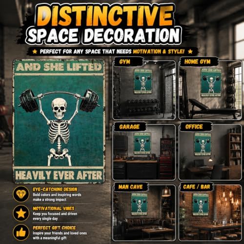 Skeleton Vintage And She Lifted Heavily Ever After Metal Tin Sign 12x16 Inch Gym Metal Poster Funny Skull Gym Tin Sign Home Kitchen Garden Bar Coffee Restaurant Bathroom Are Wall Decor - Image 5