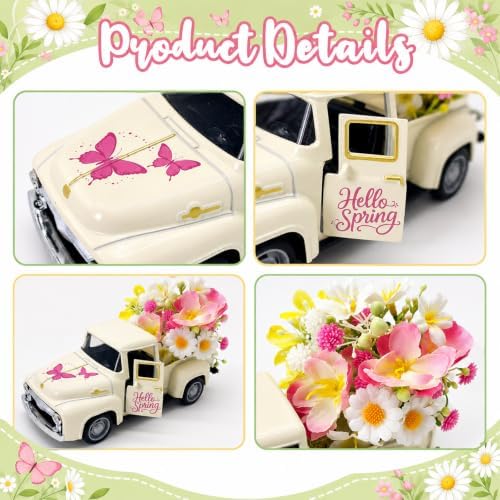 Vintage Metal Truck Decor with Artificial Flowers, Spring Floral Pickup Truck Decoration, Farmhouse Home Decor for Table Shelf Mantel Tiered Tray, Easter Mother's Day Spring Decorations Gift - Image 7