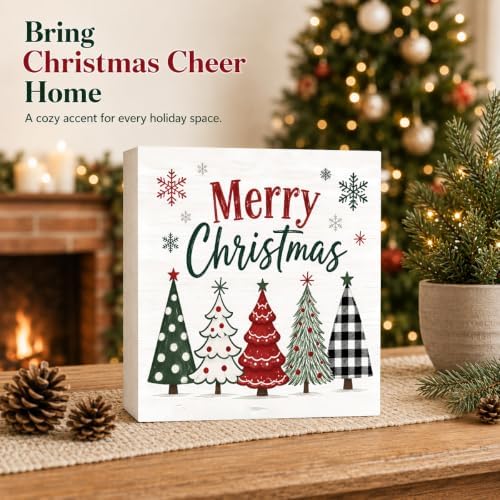 Christmas Decorations Plaid Tree Merry Christmas Wood Box Sign - Image 2