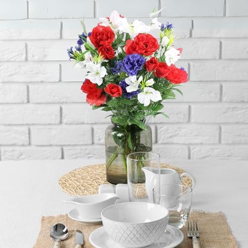 Admired by Nature 40 Stem Artificial Flowers Roses Lily Peony Mixed Bush Spring Faux Flower Arrangement for Outdoor & Indoor Wedding Home Decor, Cemetery Decorations for Grave, Red White Blue - Image 3