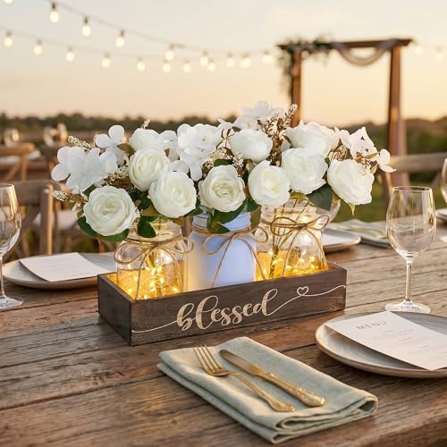 3 Pcs Mason Jar Table Centerpieces for Dining Room with Wood Tray&Led Light - Image 5