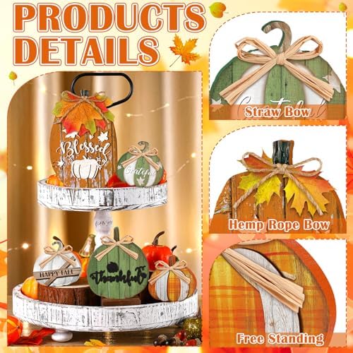 5 Pcs Fall Pumpkin Decor for Home Green Pumpkin Wooden Table Centerpiece - Image 3