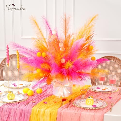 Serwalin 60PCS 17.7" Hot Pink＆Orange＆Yellow Pampas Grass Decor for Home - Image 3