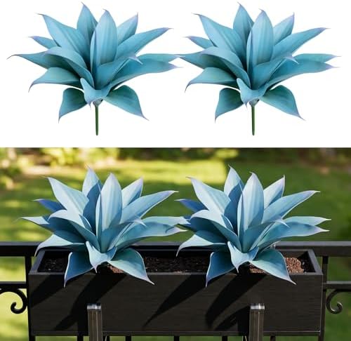 Artificial Agave Faux Agave Fake Greenery Outdoor Artificial Plant Fake Plant for Indoor Home Decoration Plastic Plant Outdoor Decoration Front Porch Decor Simulation Plants Blue，14.2In，2Pack by ENALGRE