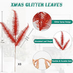 Oairse 8 Pcs Christmas Tree Picks and Sprays Red Glitter Christmas Picks 28" Christmas Glitter Feathers Leaves Stems for Christmas Tree Filler Branches Wreaths Centerpieces Holiday Decorations - Image 2