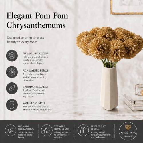 Mandy's 12pcs Artificial Light Brown Ball Chrysanthemum Flowers - Image 2