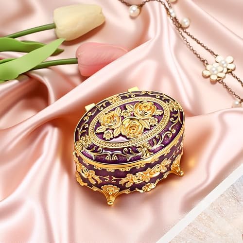 Hipiwe Vintage Oval Jewelry Storage Box Metal Trinket Organizer Purple - Image 4