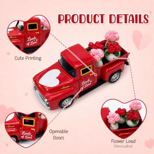 Valentine's Day Red Truck Decor with 4 Mini Rose Flower Pots, 4.9 Inch Vintage Metal Pickup Truck, Romantic Farmhouse Tabletop Centerpiece for Home Office Shelf Mantel, Valentine's Gift for Her - Image 6