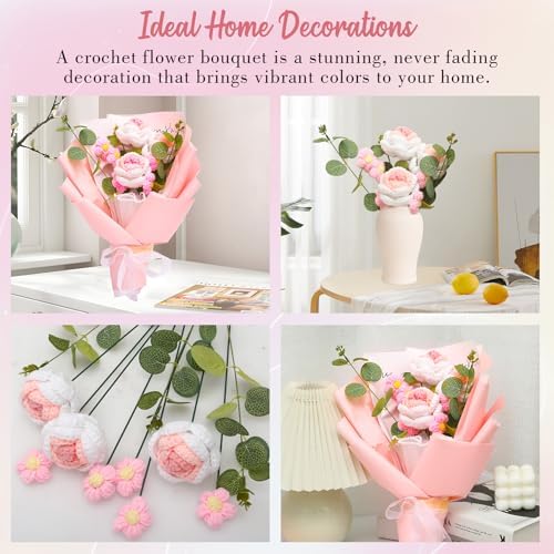 Crochet Flower Bouquet - Crochet Flowers Bouquet Hand Knitted Rose Crochet Flower Bouquet, Crocheted Flowers Plush Bouquet Gifts for Women Birthdays, Mother's Day, Valentines Day Wedding Home Decor - Image 7